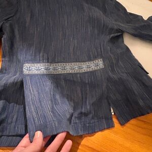 Anthropologie navy linen blazer with light blue design